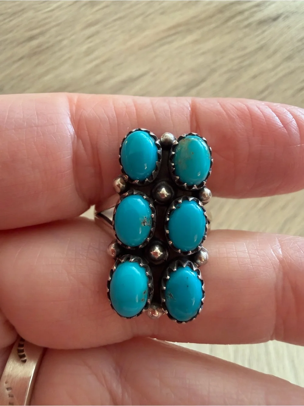 ❤️ Kingman Turquoise 6 Stone Bar Rectangle Size 8.5 Ring Sterling 8.2 Grams